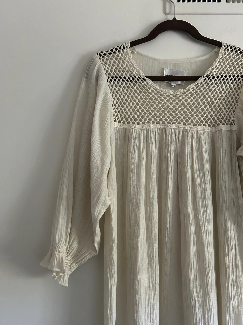 Antik Batik Cream Cotton Crepe Crochet Openwork Boho Prairie Dress XS Sheer